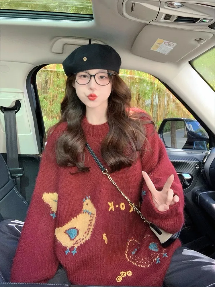 

Thiened вязаный свитер с героями мультфильмов, женский накладной свитер Lazy Faion, винтажный осенне-зимний новый поступление, повседневный удобный вязаный свитер...