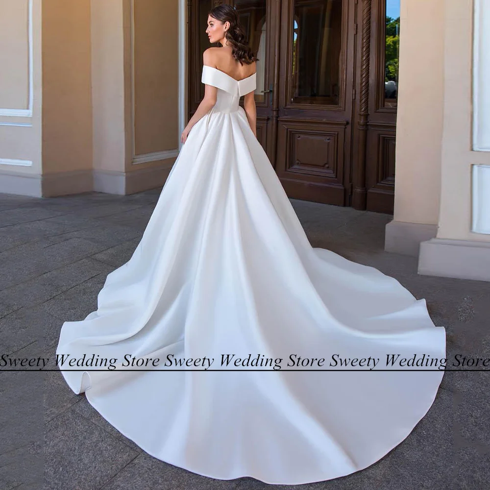 Simple Wedding Dress Jiayigong Custom Off The Shoulder Boat Neck Court Train Satin Bride Dresses Robe De Mariee with Pockets
