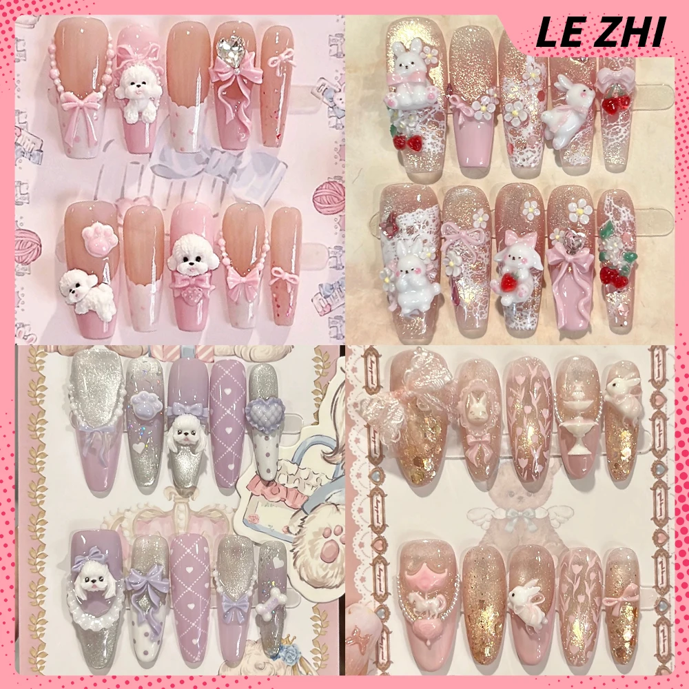 

Kawaii 3D Hello Kitty Dog Rabbit Long Coffin Handmade Nail Party Sticker Cute Cartoon Bowknot Rhinestone Reusable Fake Nail