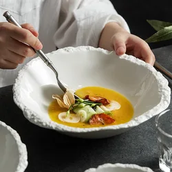 Rock grain pointed bowl, white ceramic soup bowl, noodle bowl, high-grade tableware, salad bowl, large.