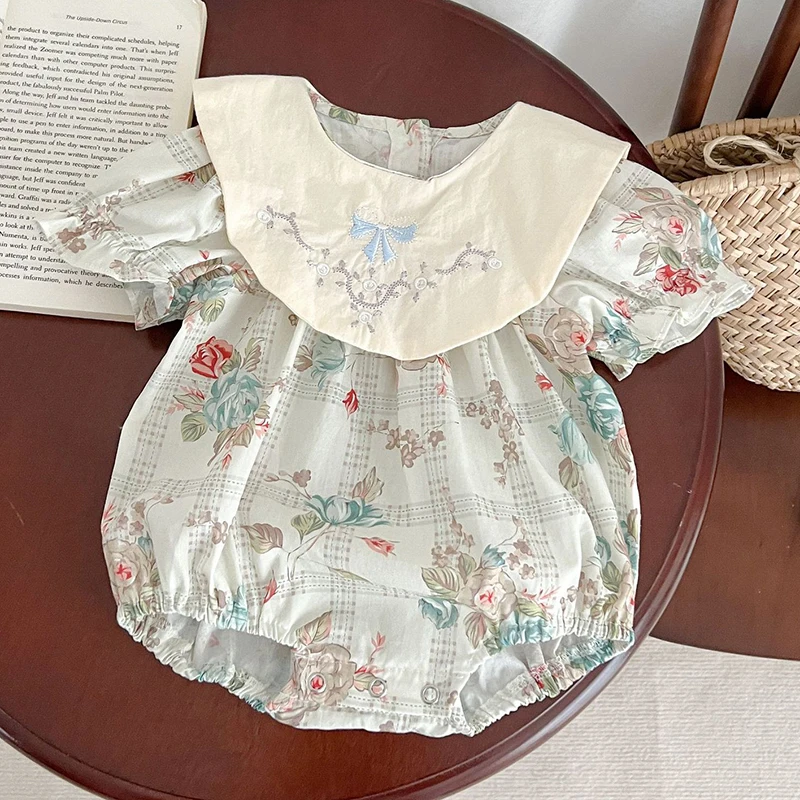 Summer Toddler Kids Baby Rompers Children Clothes Cute Infant Girls Short Sleeve Bowknot Embroidered Jumpsuit Baby Girls Rompers