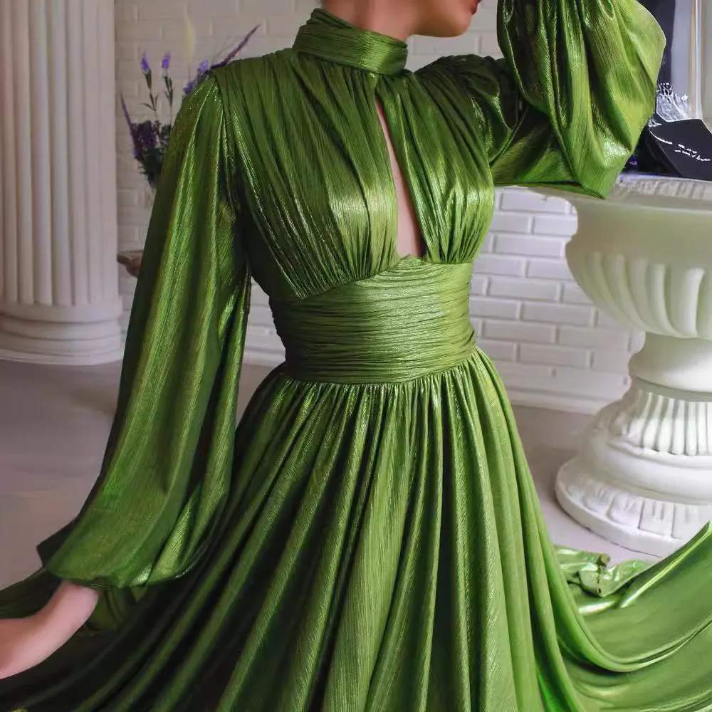 レディースイブニングパーティーナイトプロムドレス シャイニーカラー スタンドネック ホローアウト ロングランタンスリーブ プリーツ Aライン マキシドレス 女性用