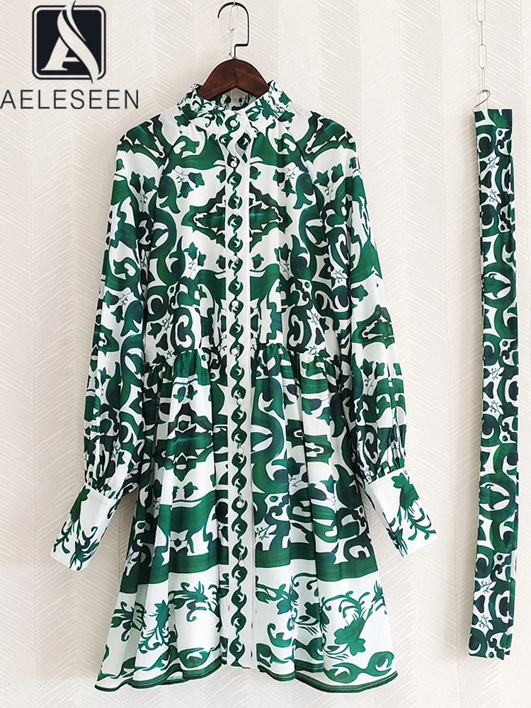 

AELESEEN Designer Fashion Women Spring Summer Dress Lantern Sleeve Green Black Flower Print Belt SIngle Breasted Party Midi