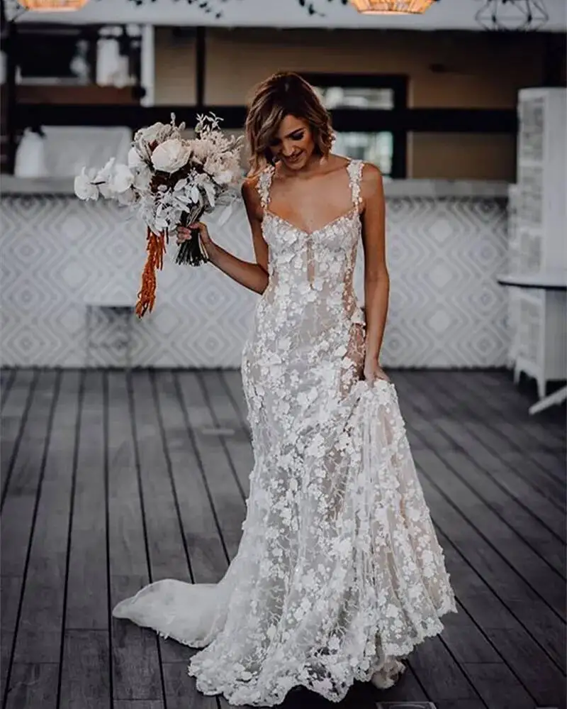 

Кружевное богемное свадебное платье Ral с русалкой, длинное пляжное свадебное платье-спагетти, иллюзия, сексуальное романтическое платье невесты, весна