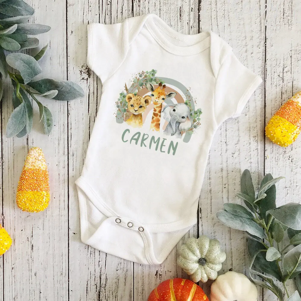 Personalized Baby Bodysuit Rainbow Animal with Name Infant Jumpsuits Newborn Wild One Outfits Romper Baby Birthday Shower Gifts