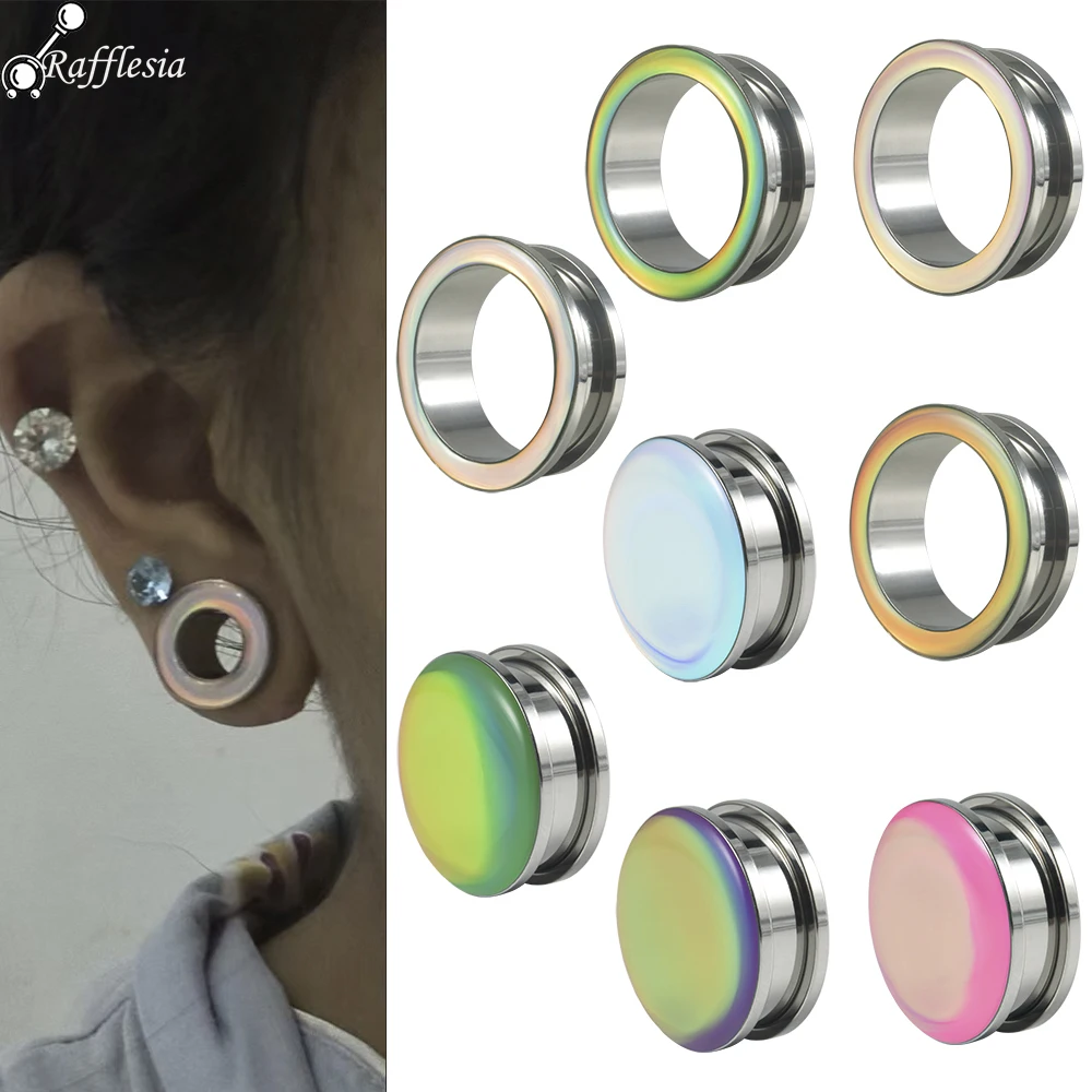 1Pair Surgical Steel White Flashing Film Pulley Ear Tunnels Plugs Green Purple Hollow Stretchers Expander Body Piercing Jewelry