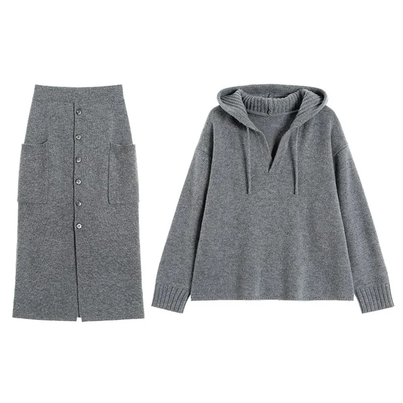 Cardigan coréen avec col à capuche pour femmes, pull en Y et jupe longue mince, High Street Y2K, tenues pour filles, ensemble 2 pièces, automne 2023