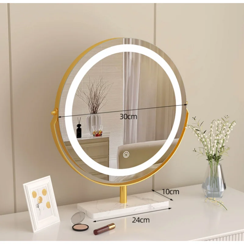 

30cm Gold Frame LED Lighted Vanity Makeup Mirror Dimmable Touch Control Desktop Round Cosmetic Mirror Modern Minimalist Luxury f