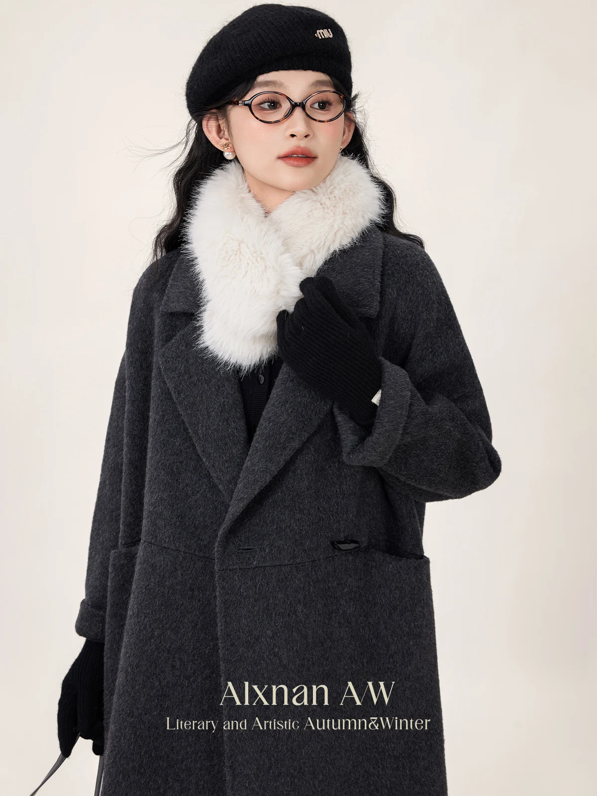 ALXNAN Women's Straight Woolen Coat Trendy Lapel Collar Single Button Drop Sleeve Overcoat Fall Winter Commuter Long Coat L51112