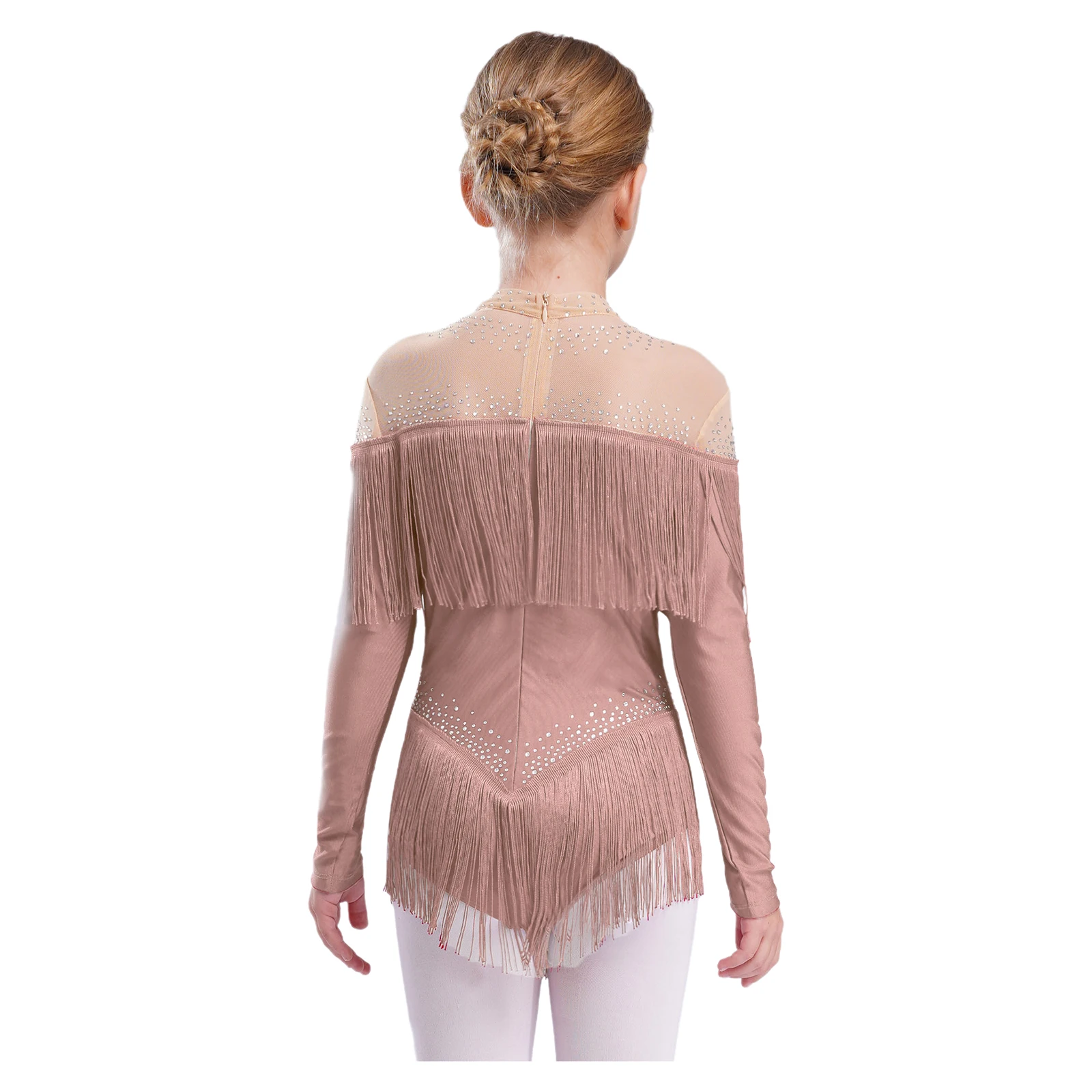 Kids Girls Tassel Latin Dance Leotard Stage Performance Costume Long Sleeve Sheer Mesh Rhinestones Bodysuit for Ballroom Tango