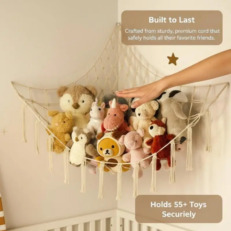 Boho Toy Hammock for Stuffed Animals Wall Corner Hanging Storage Net Woven Tassel Space Saving Organizer for Kids Room