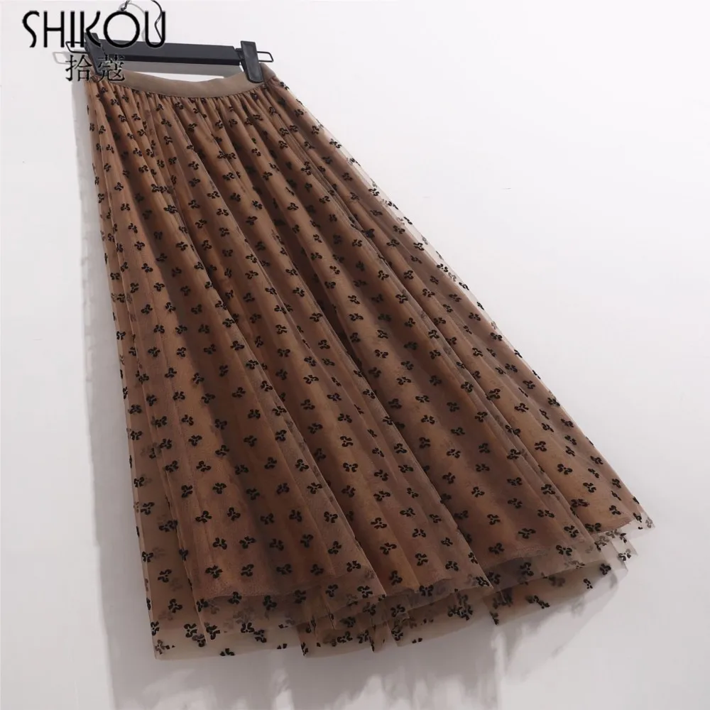 floral mesh A-line long fluffy skirt women brown skirt faldas mujer jupe longue