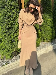 Muslim 2 Piece Set Women Modest Blouse Long Skirt Suit Ramadan Morocco Dubai Islam Elegant Ensemble Femme Arabic Skirts Outfits