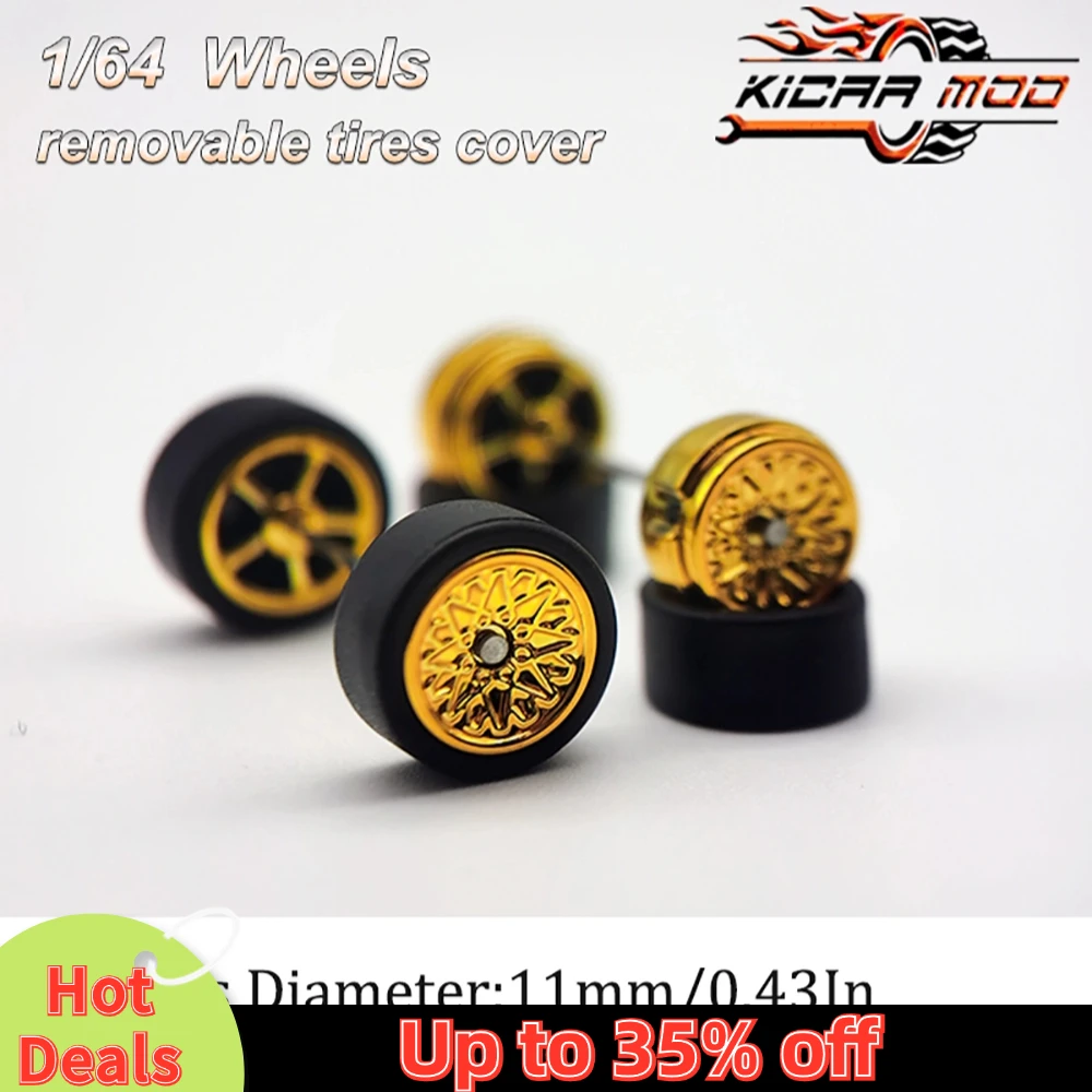 1/64 RLC Premium Wheels with Rubber Slick Tires for Hot Wheels Petal Spokes 2 Model Car Refitting Parts D:11mm (1 Set)