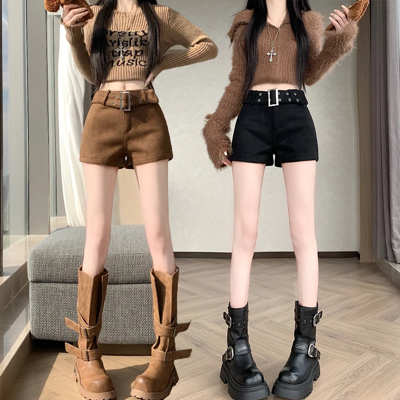 High Waist Casual Shorts for Women Autumn Winter New Style Slim Outerwear Shorts With Belt Fashionable Short Pants