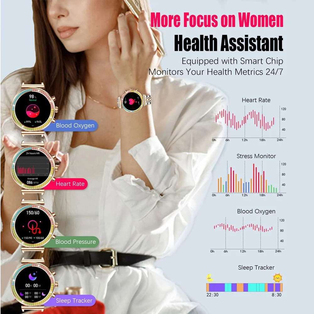 2025 ساعة ذكية جديدة للمرأة 1.27 "HD عرض ساعة ذكية النساء بلوتوث المكالمات مقاوم للماء الرياضة مراقبة معدل ضربات القلب الساعات