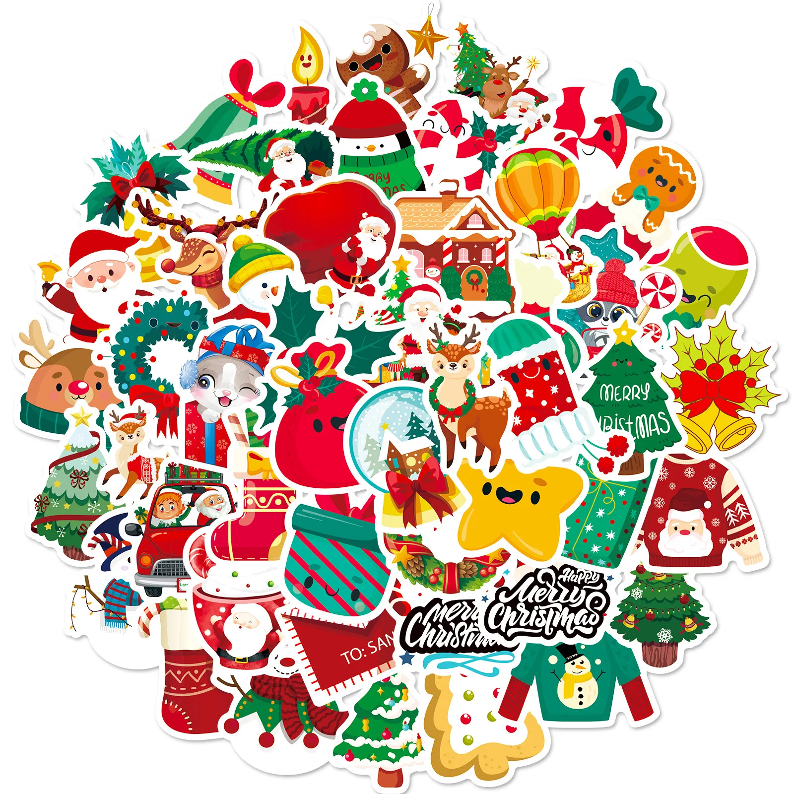 50pcs Christmas Graffiti Pattern Cartoon Anime Xmas Stickers Cute Waterproof Stickers Suitable for Laptops Water Bottles