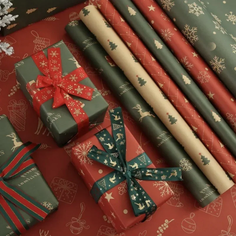 1szt Świąteczny papier do pakowania Vintage Kraft Festival Gift Wrap z wzorami płatka śniegu choinki do dekoracji pakowania prezentów