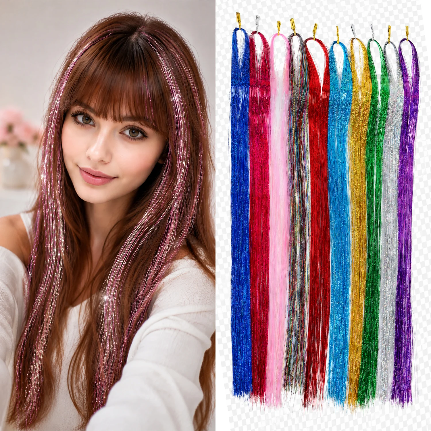 31 Inches Glitter Tinsel Hair Extensions Synthetic Sparkling Shinny Fairy Hair Accessories for Christmas Halloween Cosplay Party
