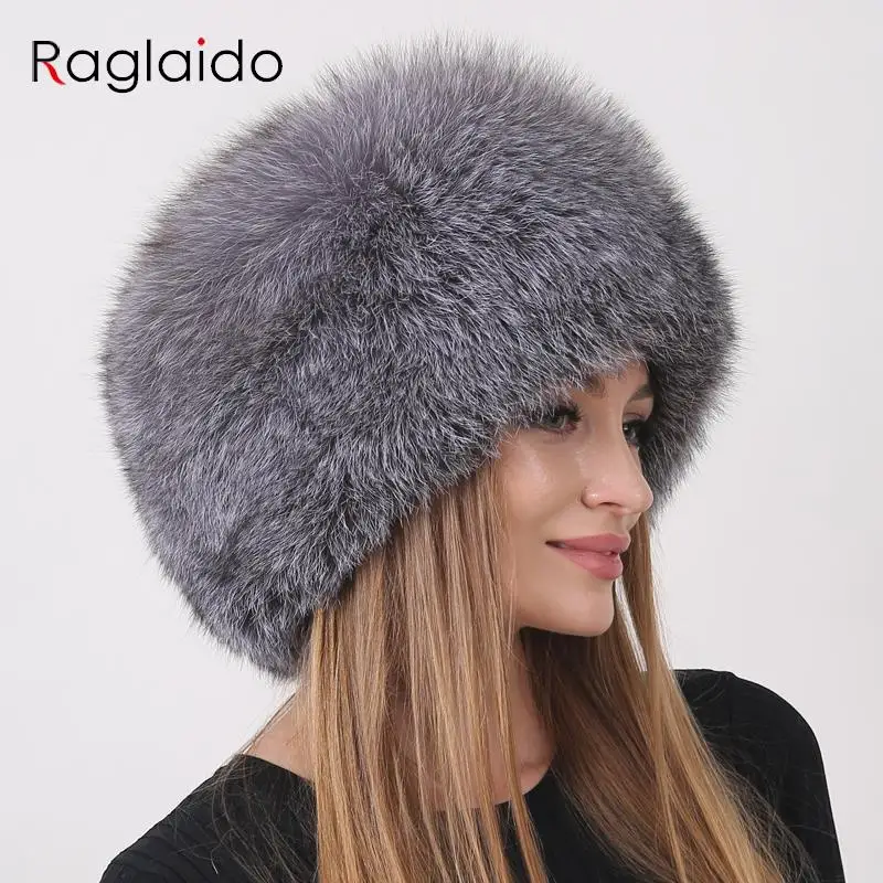 

Winter Women Fluffy Warm Round Hat Natural Real Fox Fur Bomber Hat