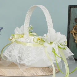 1PC Flower Girl Baskets Wedding Ceremony Petal Scattering Bride Pearl Handle Cute Bowknot Satin Flower Baskets for Wedding