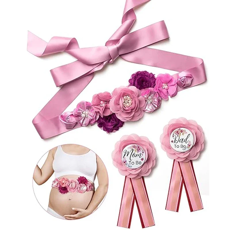 Flower Sash Set-Baby Shower Mom to Be Daddy to Be Corsage Pin-Flower Belt for Maternity Dress Photo Props حزام  Пояс Cinturón