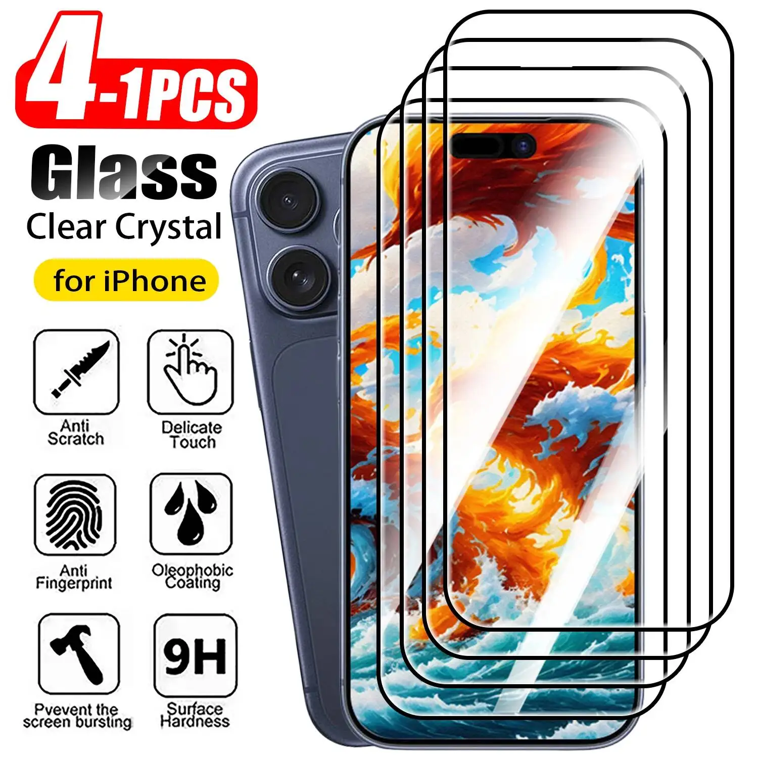 

Защитное стекло для экрана (1-4 шт.) 9H для iPhone 11, 12, 13, 14, 15, 16 Pro, 14 Plus, 17 Max, 17 Pro