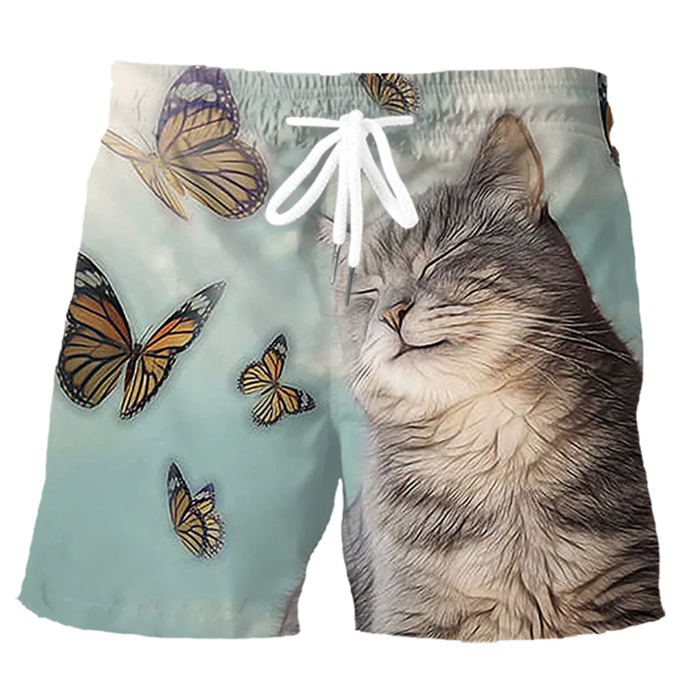 HX Fashion Mens Shorts Animals Cat Butterfly 3D Printed Board Shorts Summer Pockets Men Clothing Hip Hop Streetwear