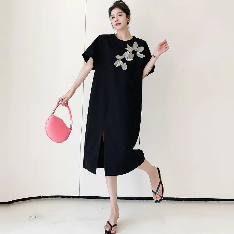 T-shirt da donna con spacco incrociato al ginocchio di media lunghezza Abito lungo Moda estiva Patchwork Chic Abiti floreali a maniche corte