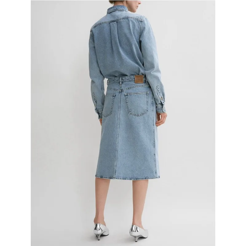 TT @ LUXURY-Women's Long Sleeved Top and High Waisted Skirt Set, Denim Shirt, Half Skirt, Casual, Autumn and Winter, New, 2024