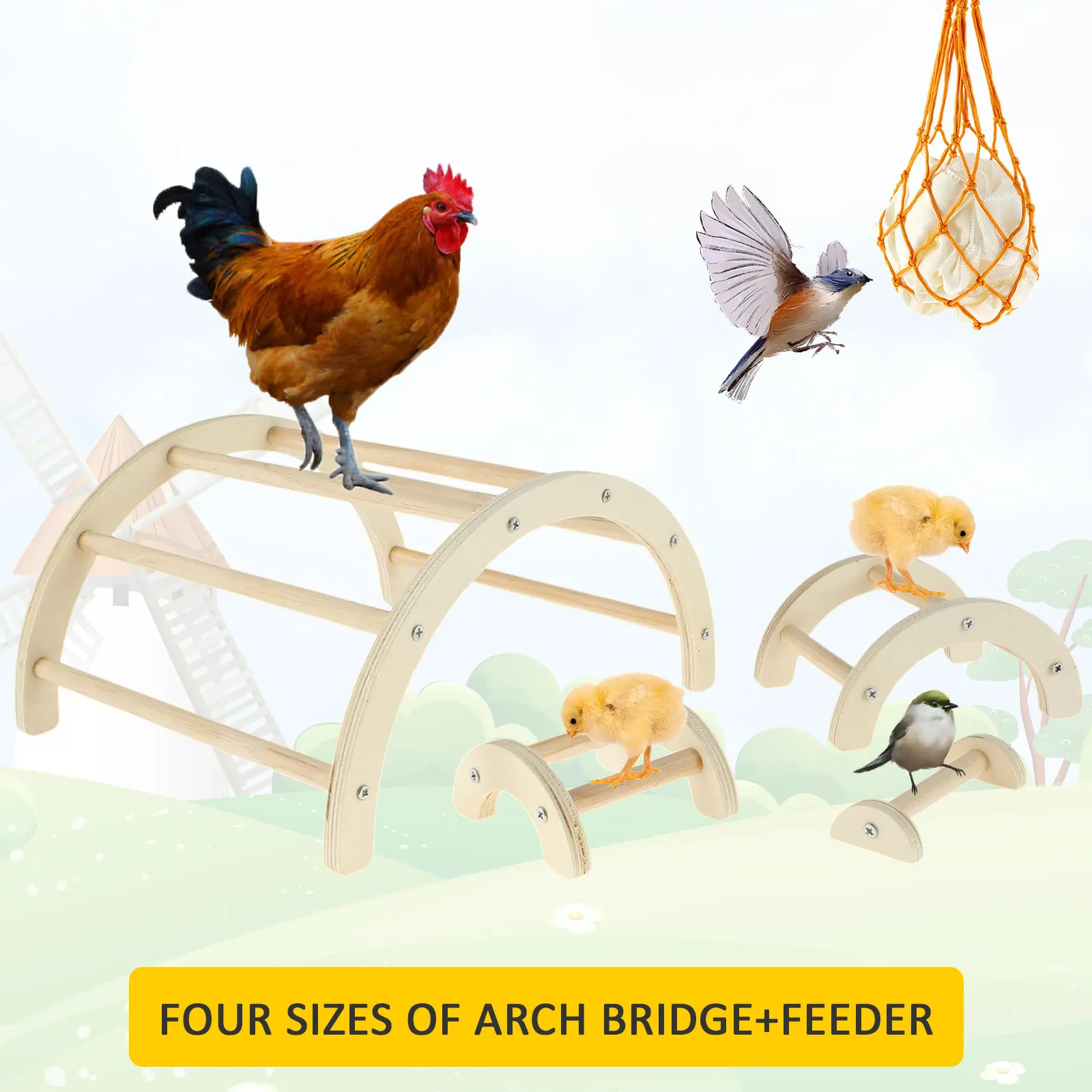 4Pcs Chicken Perch Toys with Net Bag Wooden Chicken Roosting Bar Perch Chick Perch Stand Fun Chicken Toy Stand for Chicken Bird