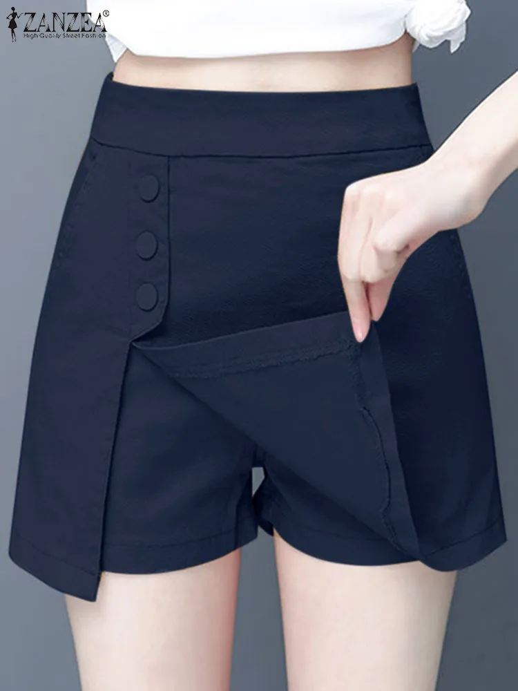 

2024 ZANZEA Casual Culotte Pant Streetwear Summer Women Shorts Fashion Culottes Elastic High Waist Pockets Solid Color Pantskirt