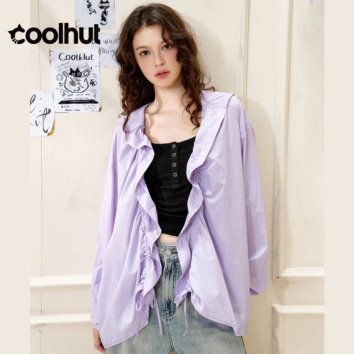 COOLHUT ผู้หญิง Minimalist ปุ่มลงเสื้อฤดูใบไม้ผลิน้ําหนักเบา Layering ชิ้นผ้านุ่มระบายอากาศ Tailored Fit Office Chic