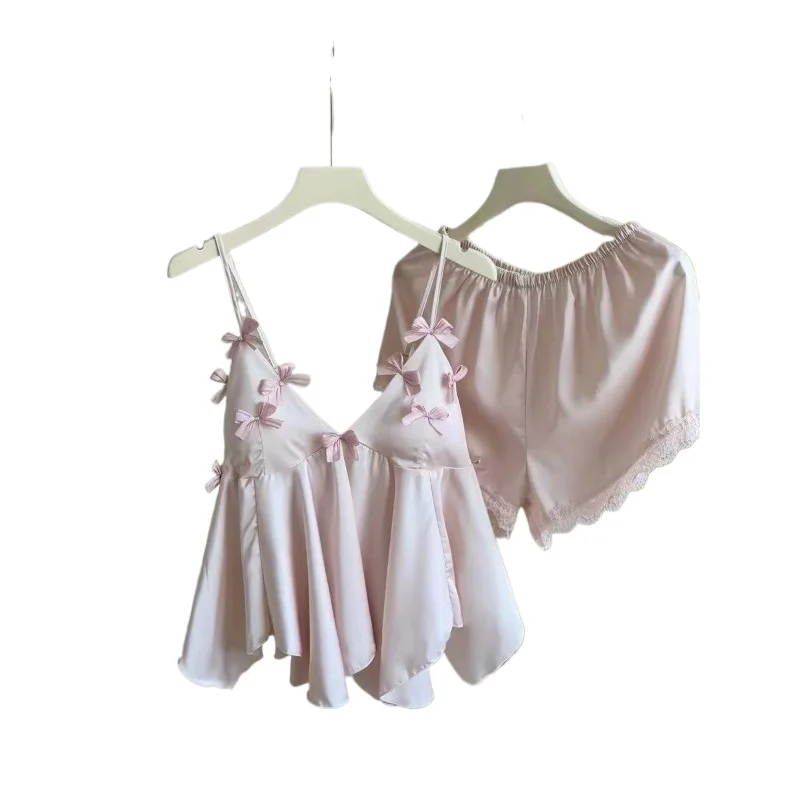 

Summer New Sweet and Sexy Ice Silk Pajamas Pure Desire Girl Feeling with Chest Pad Suspender Shorts Two-piece Set 2026 Underwear