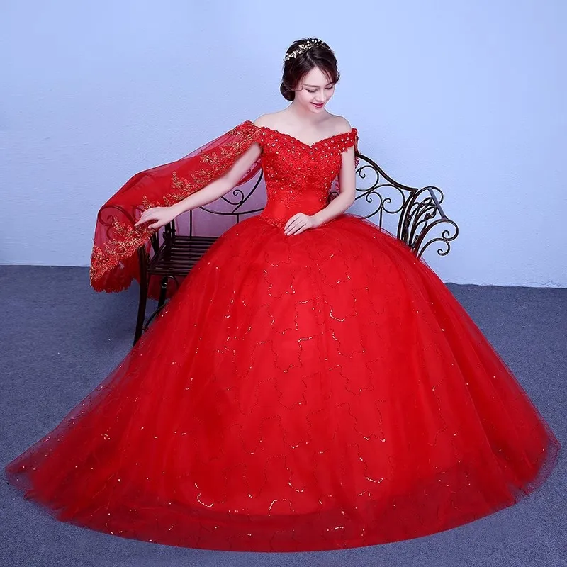 It's Yiiya Wedding Dresses Cheap Red Crystal Shawl Off the Shoulder Bling Princess Floor-length Plus size Bride Ball Gowns XN093