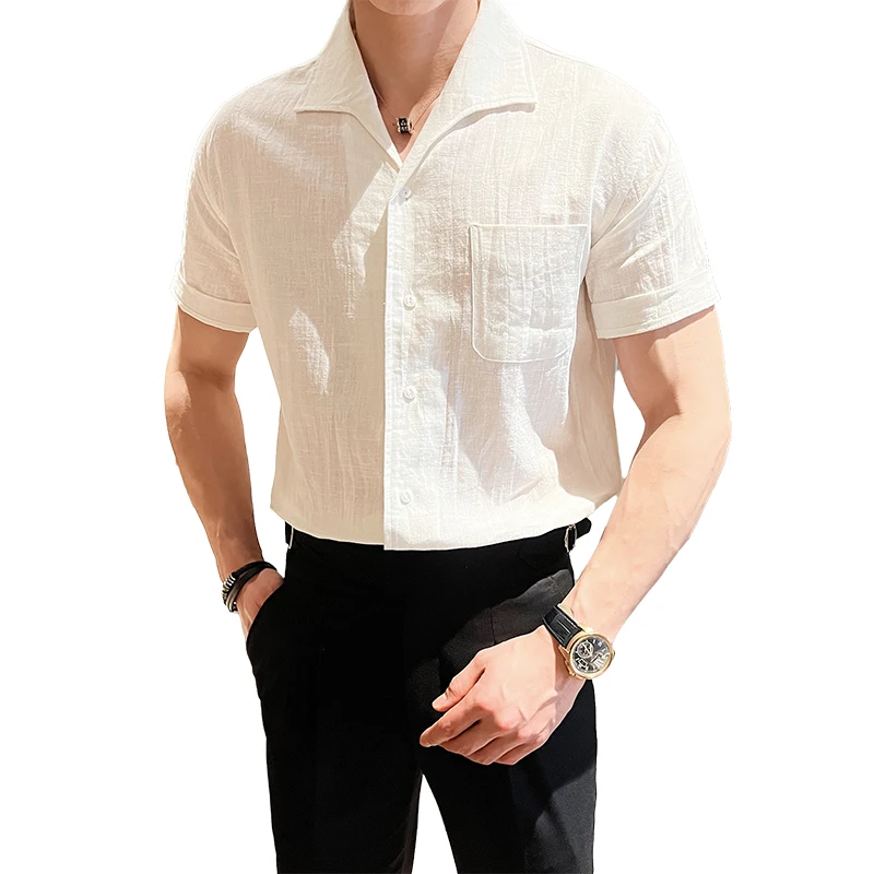 Coffee Cuban Collar Linen Shirt  Arc Collar Design Linen Breathable Short Sleeve Shirt ，Elegant High-End Business Clothes