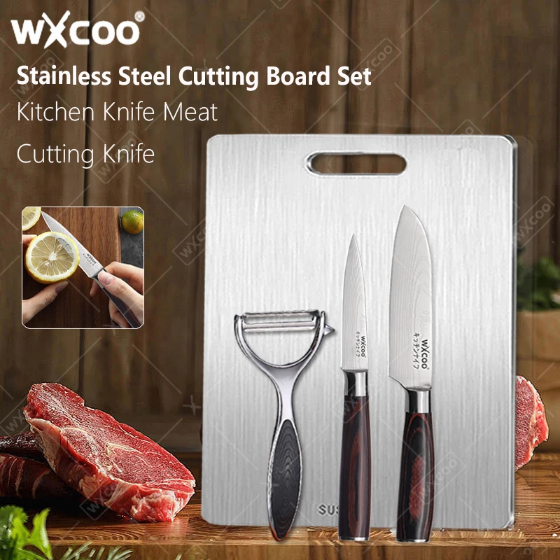 WXCOO 1 ~ 4 stücke Edelstahl Küche Obst Messer Schneidebrett Set Santoku Fleisch Hackmesser Obst Schäler Gemüse Messer