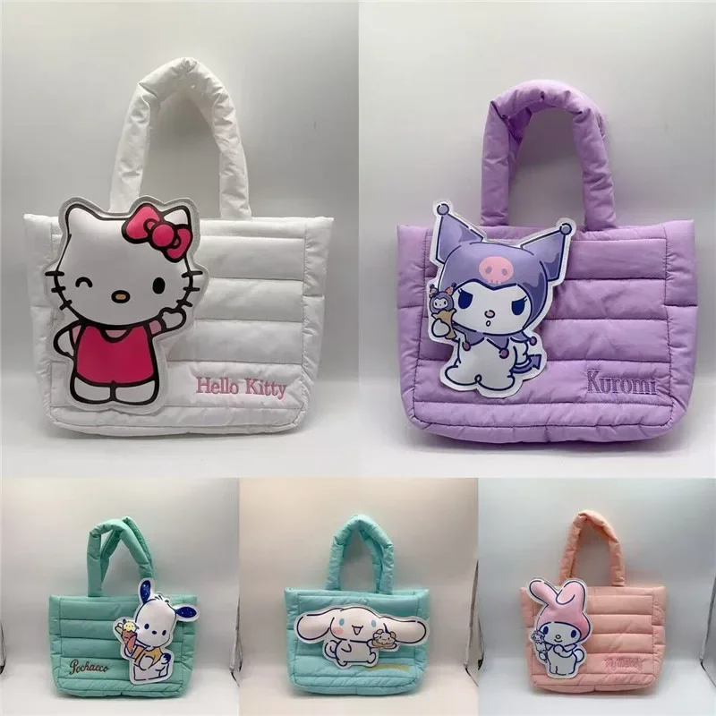 Kawaii Sanrio Hello Kitty Kuromi Tote Bags Cute My Melody Pochacco Cartoon Down Cotton Large Capacity Shoulder Bag Gifts Girls