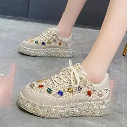 NEW Women Skate Shoes Platform Mid-heel Casual Sneakers Lace-up All-match Beaded Women Tennis Rhinestone Fashionable Women Shoes