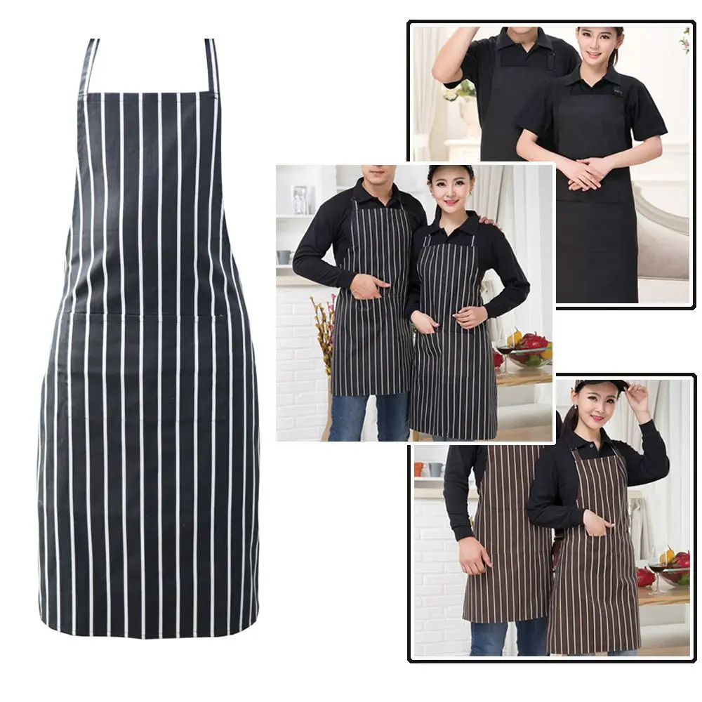 Tablier de chef à rayures pour hommes et femmes, col licou, bleu marine, blanc, accessoires de cuisine, vêtements de cuisine attribuables, degré de tache