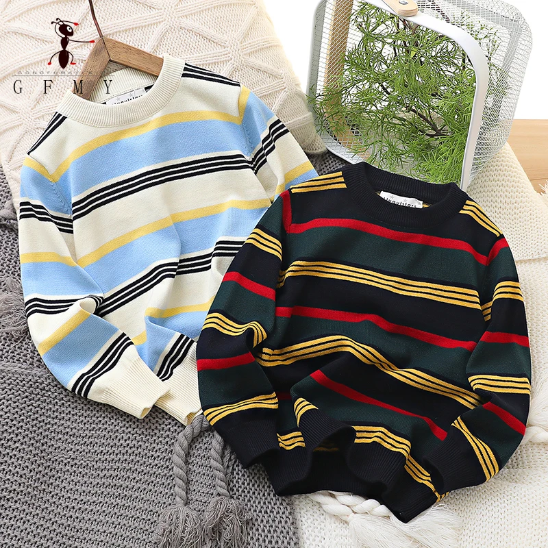 

2023 New Children's Knitwear Autumn Thin Pullover Round Neck Striped Medium to Large Children's Wear Underlay Sweater