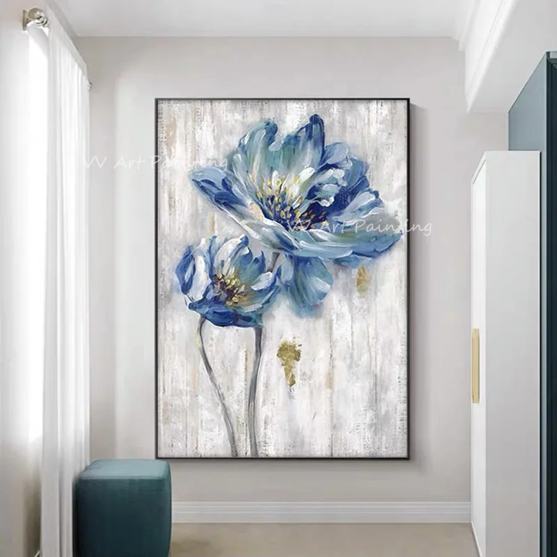 Hand-Painted Impasto Blue Floral Oil Painting, Palette Knife Flower Canvas Art, Vintage Vertical Textured Wall Decor