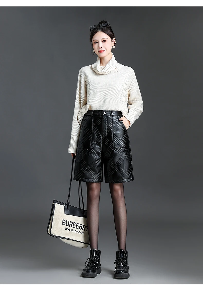 ZUZK Black PU Leather Thick Bermuda Shorts For Women Winter Warm Long Shorts Motorcycle Punk High Waist Bermuda Femme