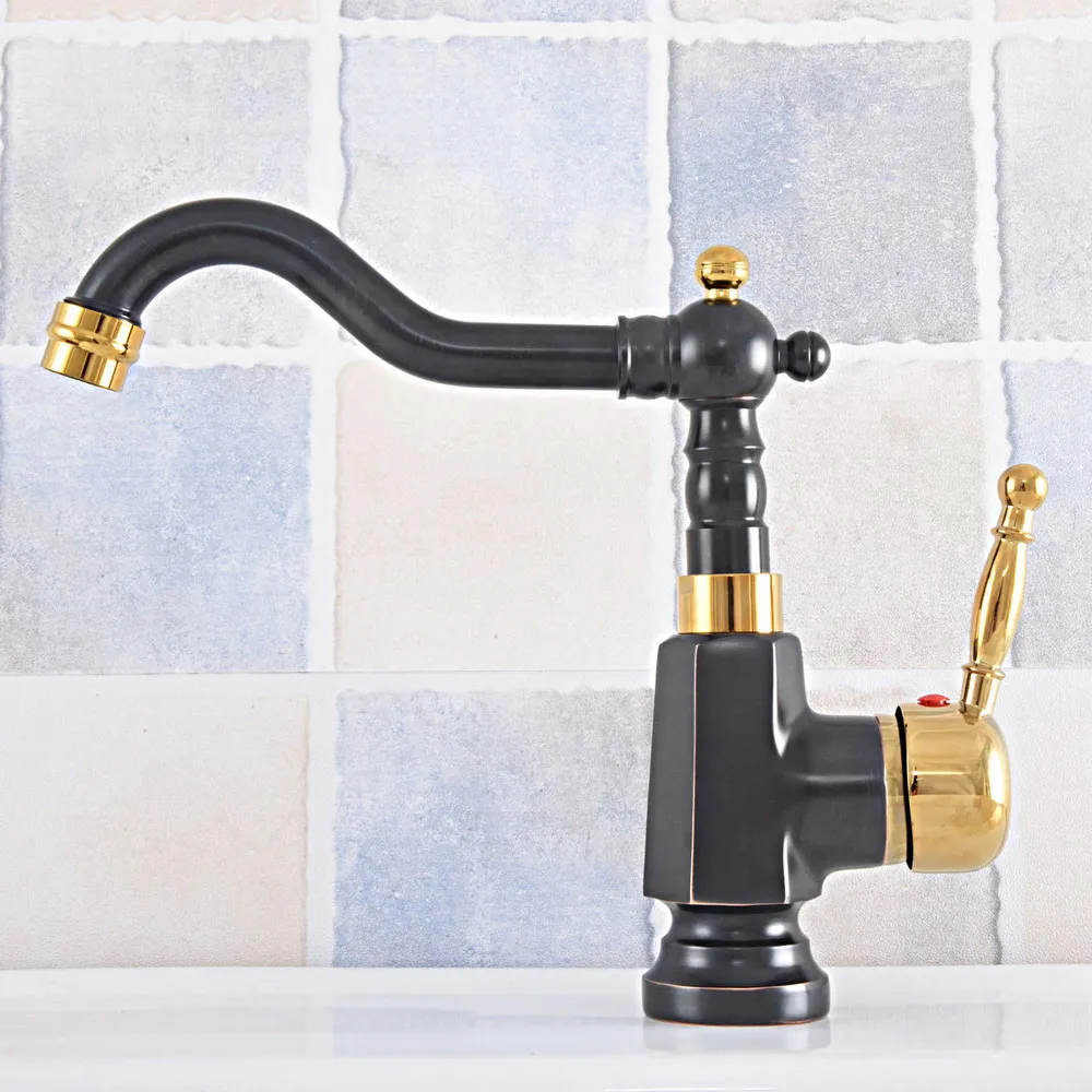 

Bathroom Sink Faucet Black & Gold Brass 360 Degree Turn Basin Faucet Water Tap Single Handle Cold and Hot Water Nsf797