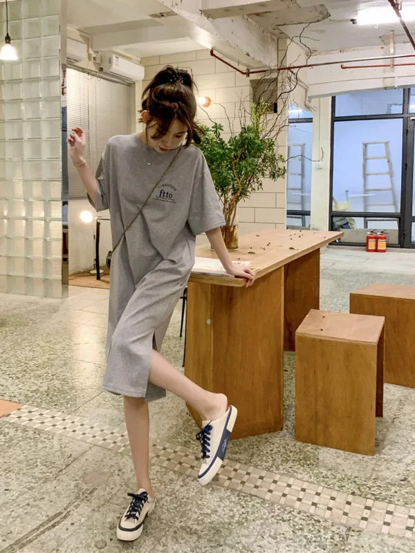 2024 New Korean Fashion Short sleeved T-shirt Dress Loose Size Over Knee Long Dress Fashion Dress Women's Mid length Summer 8C8Y