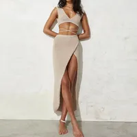 Summer Solid Color Hollowed-out Bikini Lace-up Intersect Vest Smock, Slit Half Body Skirt Two-piece, Beach Sun Protection Women