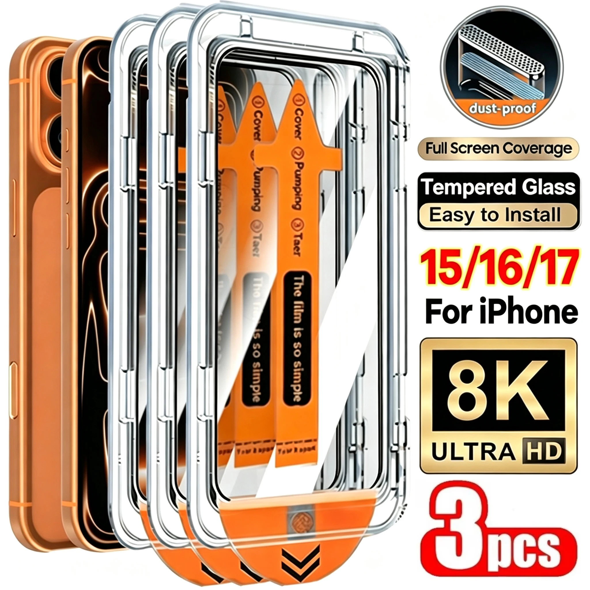 1-3Pcs Screen Protector for iPhone 17 18 Pro Max 16e 16 15 14 11 12 13 Mini XR XS 7 8 Air Easy Install Protective Tempered Glass