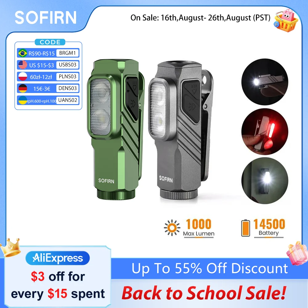 SOFIRN ST10 EDC Taschenlampe 1000LM USB-C Wiederaufladbar 14500 Akku Wasserdicht Rotlicht Magnetischer Endclip für Camping Wandern