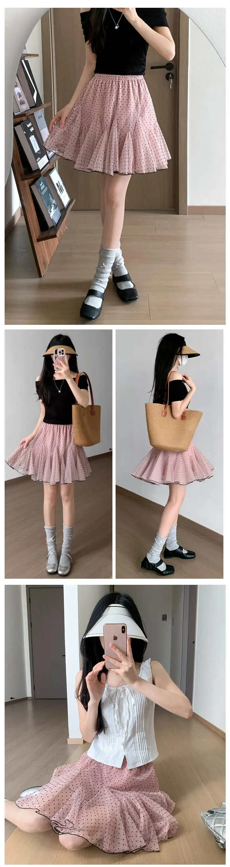 Polka Dot Mesh Cake Skirt Women Summer High Elastic Waist A-line Short Skirts for Woman Sweet Ballet Style Ruffles Puffy Skirt