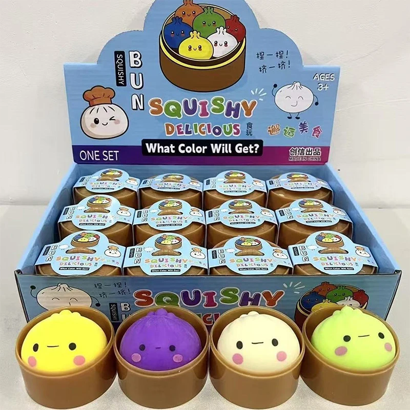 Cute Smiley Steamed Bun Squishy With Mini Steamer Box Multi-Color Bun Dumpling Vent ASMR Stress Relief Smile Bun For Adults